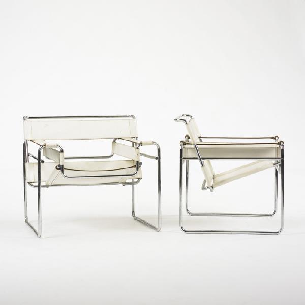 Marcel Breuer Wassily chairs, pair: Marcel Breuer Wassily chairs, pair Knoll Associates Hungary, 1925/c. 1965 chrome plated steel, leather 31 w x 27 d x 28.5 h inches Signed with applied manufacturer's label to underside of each example