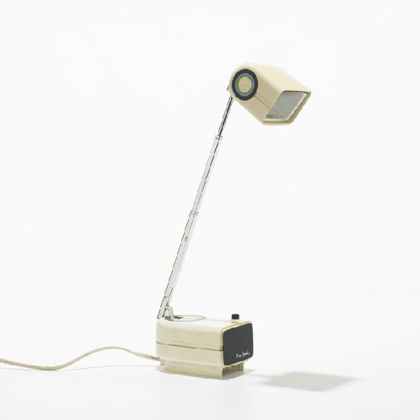 Pierre Cardin articulated desk lamp: Pierre Cardin articulated desk lamp France, c. 1970 plastic, chrome-plated steel 5 w x 3 d x 15 h inches Signed with stamped manufacturer's mark to base: [Pierre Cardin]. Literature: pierre cardin evo