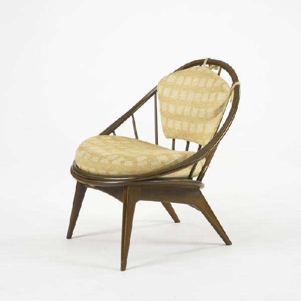 Danish chair: Danish chair c. 1960 walnut plywood, upholstery, walnut 33.5 w x 28 d x 32.5 h inches Signed with applied disc manufacturer's label to underside: [Denmark Made By Finished Imported By Selig].