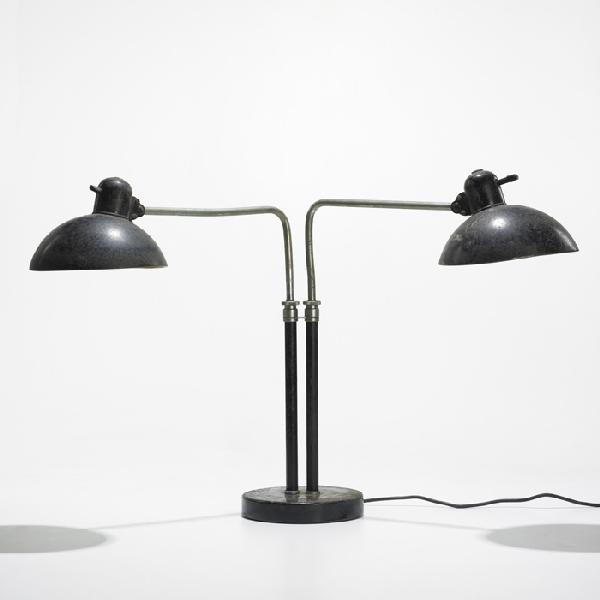 Christian Dell Double Dell table lamp: Christian Dell Double Dell table lamp Kaiser & Co. Germany, 1933 enameled steel, chrome-plated brass, Bakelite 38 w x 8 d x 23 h inches Signed with molded manufacturer's marks to each shade: [Original