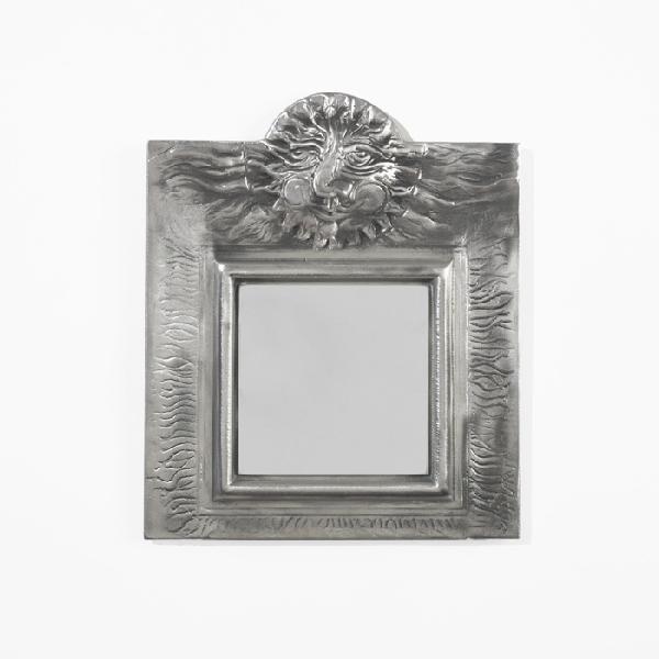 Donald Drumm mirror: Donald Drumm mirror USA, c. 1970 cast aluminum, mirrored glass 11 w x .5 d x 13 h inches Cast signature to right edge: [Drumm].