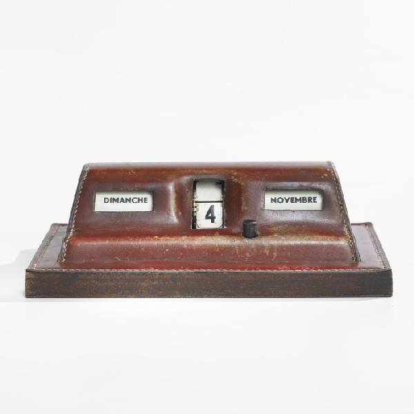 Paul Dupre-Lafon Hermes desk calendar: Paul Dupre-Lafon Hermes desk calendar France, c. 1960 leather, plastic 8 w x 4.75 d x 2.5 h inches Signed with stamped manufacturer's mark to underside: [Hermes Paris].