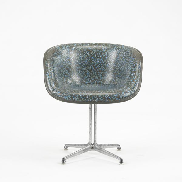 Charles and Ray Eames La Fonda chair: Charles and Ray Eames La Fonda chair Herman Miller USA, 1960 aluminum, fiberglass, vinyl upholstery, rubber 25.5 w x 22.5 d x 29 h inches Signed with cast manufacturer's mark to underside: [Herman Mil