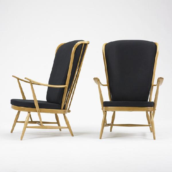 Lucian Ercolani Evergreen chairs, pair: Lucian Ercolani Evergreen chairs, pair Ercol Italy , c. 2002 beech, upholstery 28.5 w x 32 d x 40 h inches Signed with stamped manufacturer's mark to underside of each example: [Reg. Des. 805.007].
