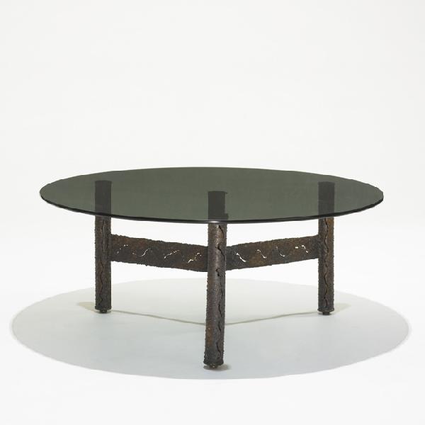Paul Evans coffee table: Paul Evans coffee table Paul Evans Studio USA, c. 1970 welded steel, glass 39.5 dia x 16.25 h inches