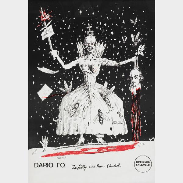 Dario Fo Zufällig eine Frau: Elisabeth poster: Dario Fo Zufällig eine Frau: Elisabeth poster Germany , 1986 offset lithograph on paper mounted on canvas 44.5 h x 31.5 w inches Provenance: Estate of Bertolt Brecht