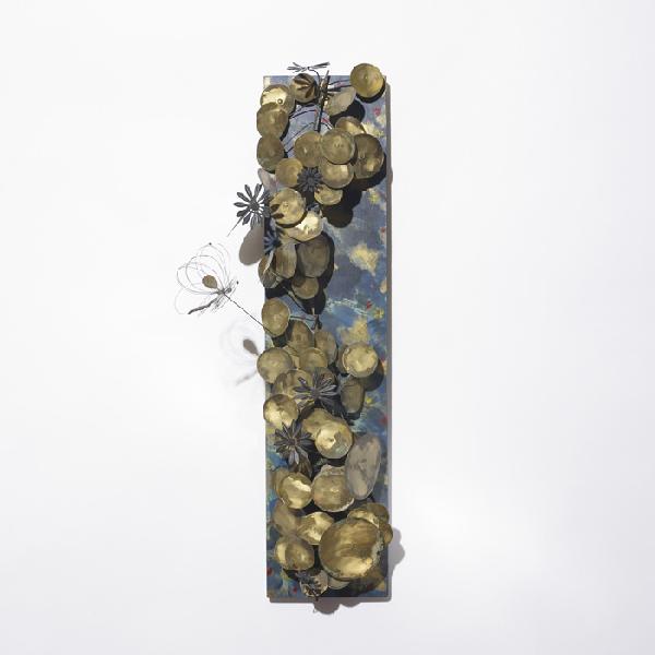 Curtis Jeré wall sculpture: Curtis Jeré wall sculpture Artisan House USA, c. 1970 hand-painted wood construction, brass 30 w x 9.5 d x 12 h inches Signed with applied metal studio label to front: [C. Jere].