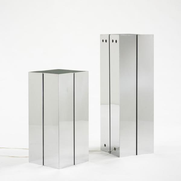 George Kovacs illuminated pedestals, pair: George Kovacs illuminated pedestals, pair USA, c. 1975 chrome-plated steel, frosted glass 14 w x 14 d x 42 h inches