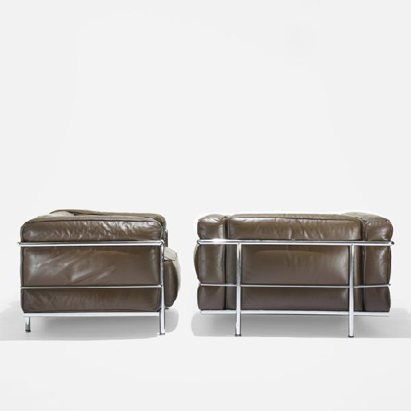 Jeanneret, Perriand and Le Corbusier chairs, pair: Pierre Jeanneret, Charlotte Perriand and Le Corbusier Grand Confort lounge chairs, pair Heidi Weber Switzerland/France, 1929/1959 leather, chrome-plated steel 39.5 w x 28 d x 24 h inches Literature: L