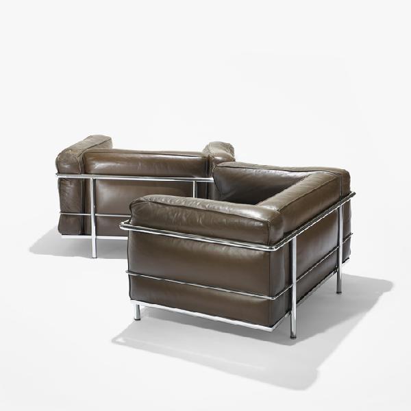 Jeanneret, Perriand and Le Corbusier chairs, pair: Pierre Jeanneret, Charlotte Perriand and Le Corbusier Grand Confort lounge chairs, pair Heidi Weber Switzerland/France, 1929/1959 leather, chrome-plated steel 39.5 w x 28 d x 24 h inches Literature: L