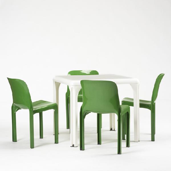 Magistretti Selene dining set with Stadio table: Vico Magistretti Selene dining set with Stadio table Artemide Italy, 1966/1969 plastic 32 w x 32 d x 28.5 h inches Dining set includes table and four chairs. Signed with cast manufacturer's mark to un