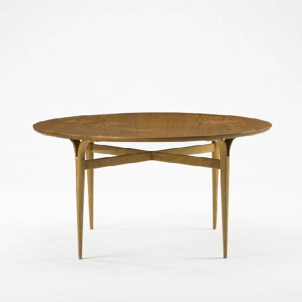 Bruno Mathsson dining table: Bruno Mathsson dining table Firma Karl Mathsson Sweden, c. 1961 steam-bent and laminated beech plywood 49 dia x 25 h inches Branded signature to frame: [bruno mathsson design, made in sweden].Branded