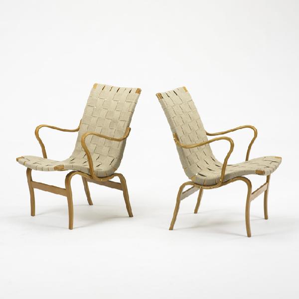Bruno Mathsson Eva armchairs, pair: Bruno Mathsson Eva armchairs, pair Firma Karl Mathsson Sweden, c. 1933 steam bent beech, canvas 23.5 w x 25 d x 32 h inches Branded signature to inside of frame of each example: [firma karl mathsson,
