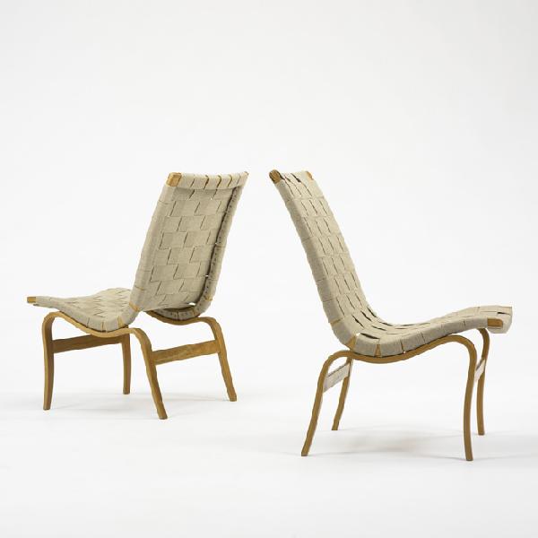 Bruno Mathsson Eva chairs, pair: Bruno Mathsson Eva chairs, pair Firma Karl Mathsson Sweden, c. 1933 steam-bent beech, canvas 19 w x 27 d x 32.5 h inches Branded signature to frame on each example : [bruno mathsson design, made in sw