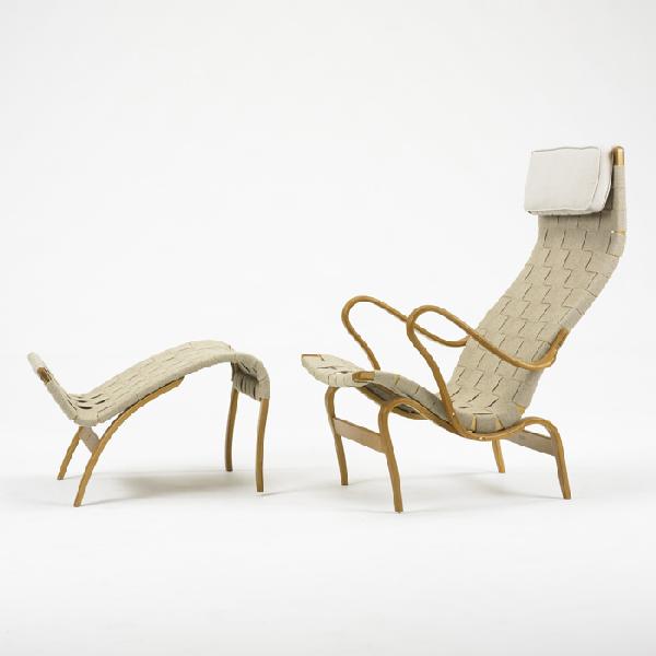 Bruno Mathsson Pernilla 2 chair and ottoman: Bruno Mathsson Pernilla 2 chair and ottoman Firma Karl Mathsson Sweden, 1944 steam bent beech, canvas, cloth upholstery 25.5 w x 33 d x 39.5 h inches Branded signature to frame and ottoman: [bruno mat