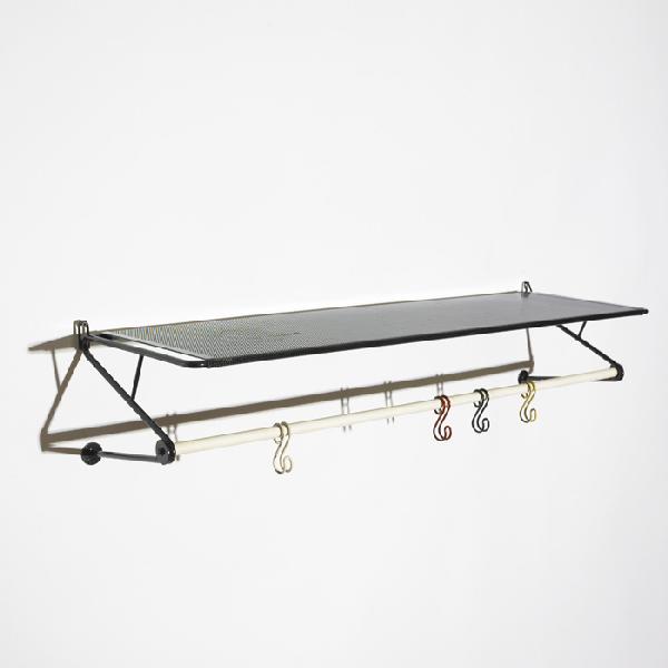 Mathieu Matégot wall mounted coatrack: Mathieu Matégot wall mounted coatrack Ateliers Matégot France, c. 1965 enameled steel 39.5 w x 12 d x 8.5 h inches
