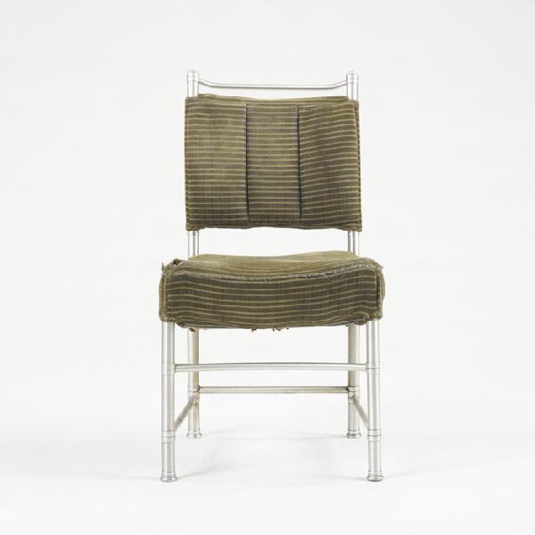 Warren McArthur chair: Warren McArthur chair Warren McArthur Corporation USA, c. 1935 anodized aluminum, upholstery 17.5 w x 22.5 d x 32.5 h inches Signed with partial decal manufacturer's label to underside: [Warren McArth