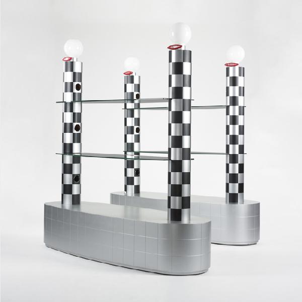 Alessandro Mendini pair of display shelves: Alessandro Mendini pair of display shelves from the Alessi store, Atlanta Italy, 1990 lacquered wood and mdf, glass, enameled steel, frosted glass, plastic 86 w x 28 d x 84 h inches Provenance: Alessi