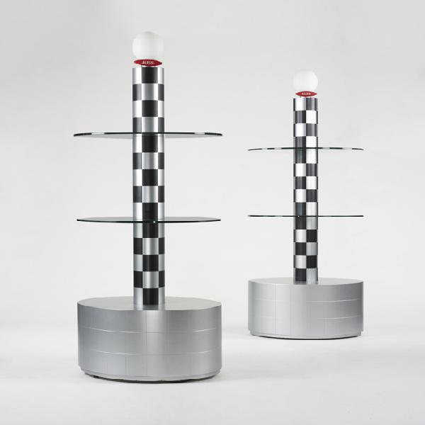 Alessandro Mendini pair of display shelves: Alessandro Mendini pair of display shelves from the Alessi store, Atlanta Italy, 1990 lacquered wood and mdf, glass, enameled steel, frosted glass, plastic 37.5 w x 29 d x 86 h inches Provenance: Ales