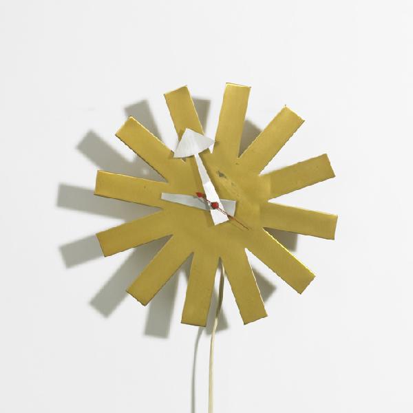 Nelson & Associates Asterisk wall clock: George Nelson & Associates Asterisk wall clock, model 2213C Howard Miller Clock Company USA, c. 1953 brass, aluminum, enamel on aluminum, birch, beech 10 w x 10 d x 3 h inches Signed with decal manufa