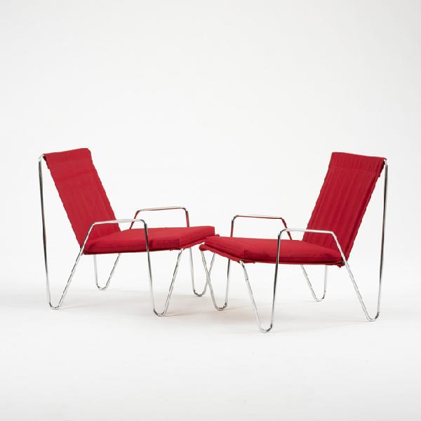 Verner Panton Bachelor chairs, pair: Verner Panton Bachelor chairs, pair Fritz Hansen Denmark, 1953 upholstery, chrome-plated steel 20 w x 28 d x 29 h inches Literature: Verner Panton: The Collected Works, Remmele, pg.24
