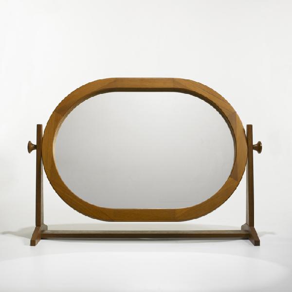Pedersen & Hansen vanity mirror: Pedersen & Hansen vanity mirror Denmark, c. 1950 teak, mirrored glass 34.25 w x 11 d x 24 h inches Signed with decal manufacturer's label to reverse: [Pedersen & Hansen VIBY J. Made In Denmark].