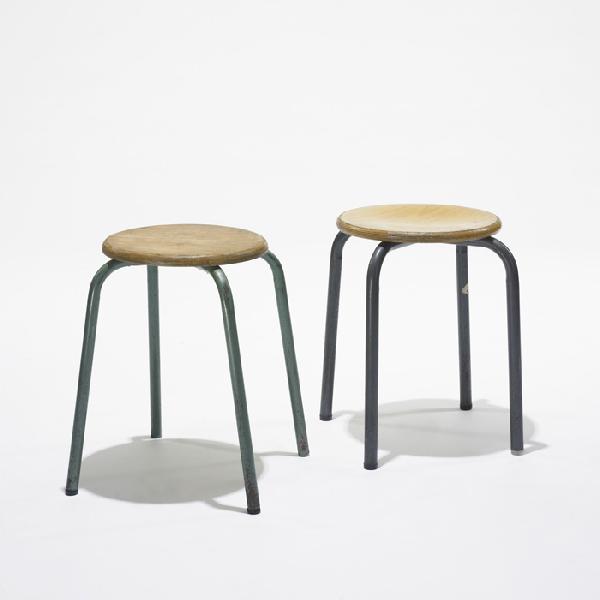 Jean Prouvé, attribution stools, pair: Jean Prouvé, attribution stools, pair France, c. 1950 enameled steel, oak plywood 18 dia x 17.5 h inches