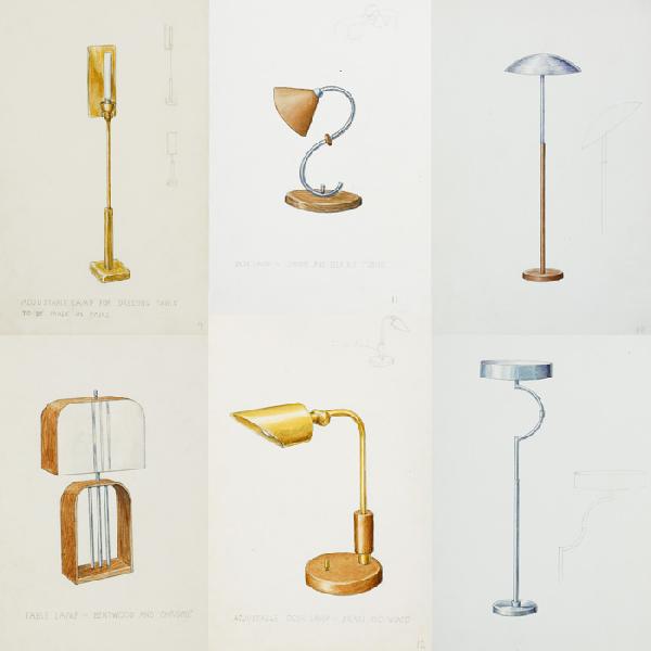 Gilbert Rohde, attribution collection of drawings: Gilbert Rohde, attribution collection of drawings USA, c. 1945 color pencil on paper 7.5 h x 11 w inches Measurements vary.