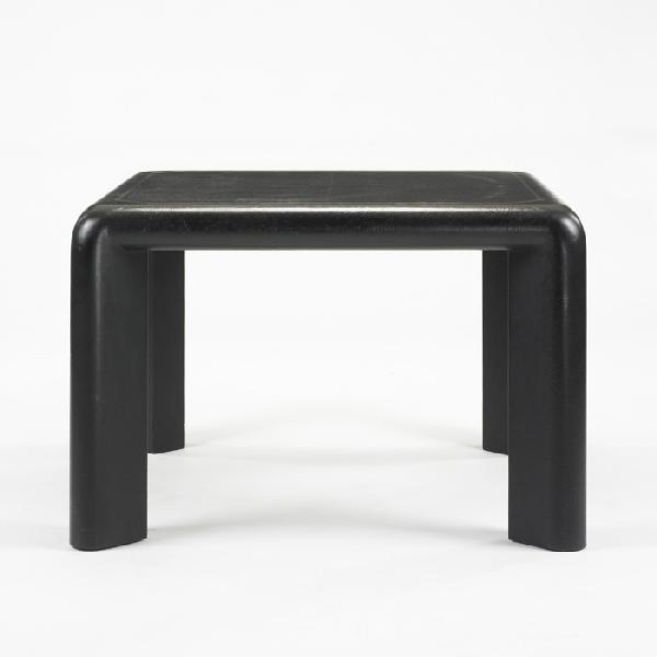 Karl Springer table: Karl Springer table Karl Springer, Ltd. USA, 1985 faux ostrich, brass 42 w x 42 d x 29 h inches Signed with applied studio label to underside: [Karl Springer 1985].