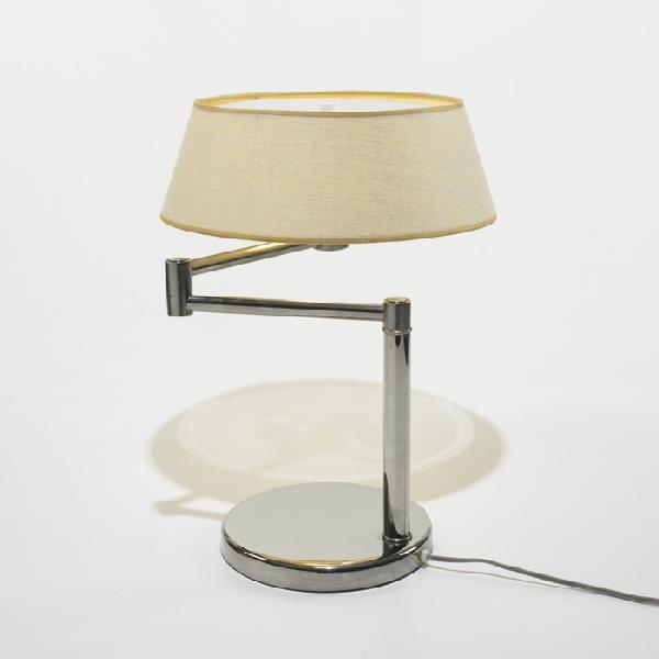 Walter Von Nessen table lamp: Walter Von Nessen table lamp Nessen Lighting USA, c. 1940 stainless steel, linen, enameled steel 16 w x 14 d x 16.5 h inches Signed with decal manufacturer's label to underside: [Nessen Lamps Bronx, N
