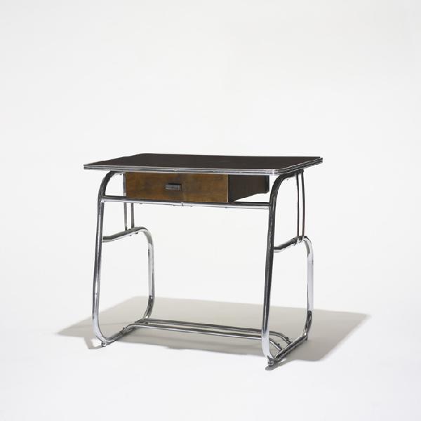 K.E.M. Weber desk: K.E.M. Weber desk Lloyd Manufacturing Company USA, c. 1934 chrome-plated steel, lacquered wood, walnut, chrome-plated brass 33.75 w x 20.5 d x 32.25 h inches Features one drawer. Literature: KEM Weber