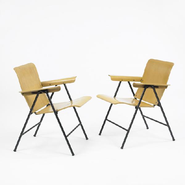 Russel Wright folding chairs, pair: Russel Wright folding chairs, pair Samsonite USA, 1950 folding chairs, pair 24 w x 26 d x 30.25 h inches
