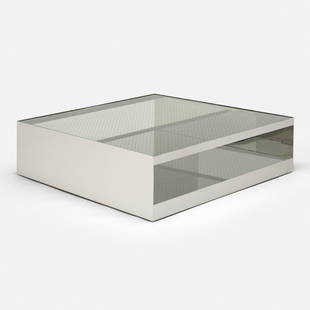 Joseph D'Urso, Low rolling table, model 6048T: Joseph D'Urso Low rolling table, model 6048T Knoll InternationalUSA, 1981stainless steel, safety glass 14.25 h &times; 47.75 w &times; 47.75 d in (36 &times; 121 &times; 121 cm)