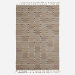 Barbro Nilsson, Falurutan flatweave carpet: Barbro Nilsson Falurutan flatweave carpet Marta Maas-Fjetterstrom ABSweden, 1952hand-woven wool 78.5 w × 118 l in (199 × 300 cm) Woven signature to edge 'AB MMF BN'. <