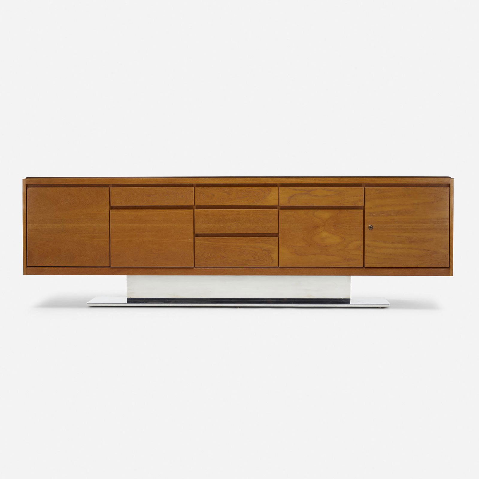 Warren Platner, Cabinet: Warren Platner Cabinet Lehigh LeopoldUSA, c. 1965walnut, aluminum, leather 28 h × 91.75 w × 21.75 d in (71 × 233 × 55 cm) Cabinet features seven drawers and two d