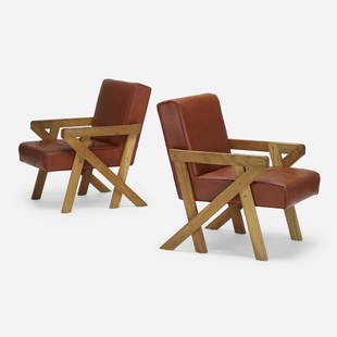 Ali Tayar, Chairs from Pop Pub, New York, pair: Ali Tayar Chairs from Pop Pub, New York, pair Turkey/USA, 2011oak, leather 32 h × 23.5 w × 30 d in (81 × 60 × 76 cm) Provenance: Pop Pub, New York | Pr