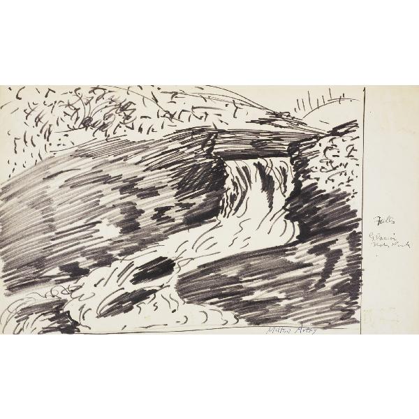 Milton Avery untitled (Falls Glacier Nat. Park): Milton Avery untitled (Falls Glacier Nat. Park) USA, c. 1950 Flo brush on paper 8.75 h x 14 w inches Signed to lower right 'Milton Avery'. Inscribed to right edge 'Falls Glacier Nat Park'. Provenance: