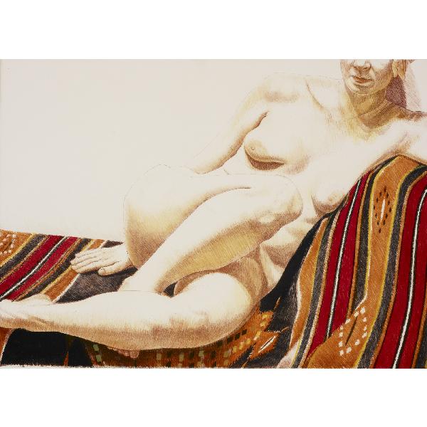 Philip Pearlstein Girl on Orange…: Philip Pearlstein Girl on Orange and Black Mexican Rug USA, 1973 lithograph on paper 24.5 h x 34 w inches Signed, numbered and dated to lower right 'Philip Pearlstein 59/100 1973'. This work is number