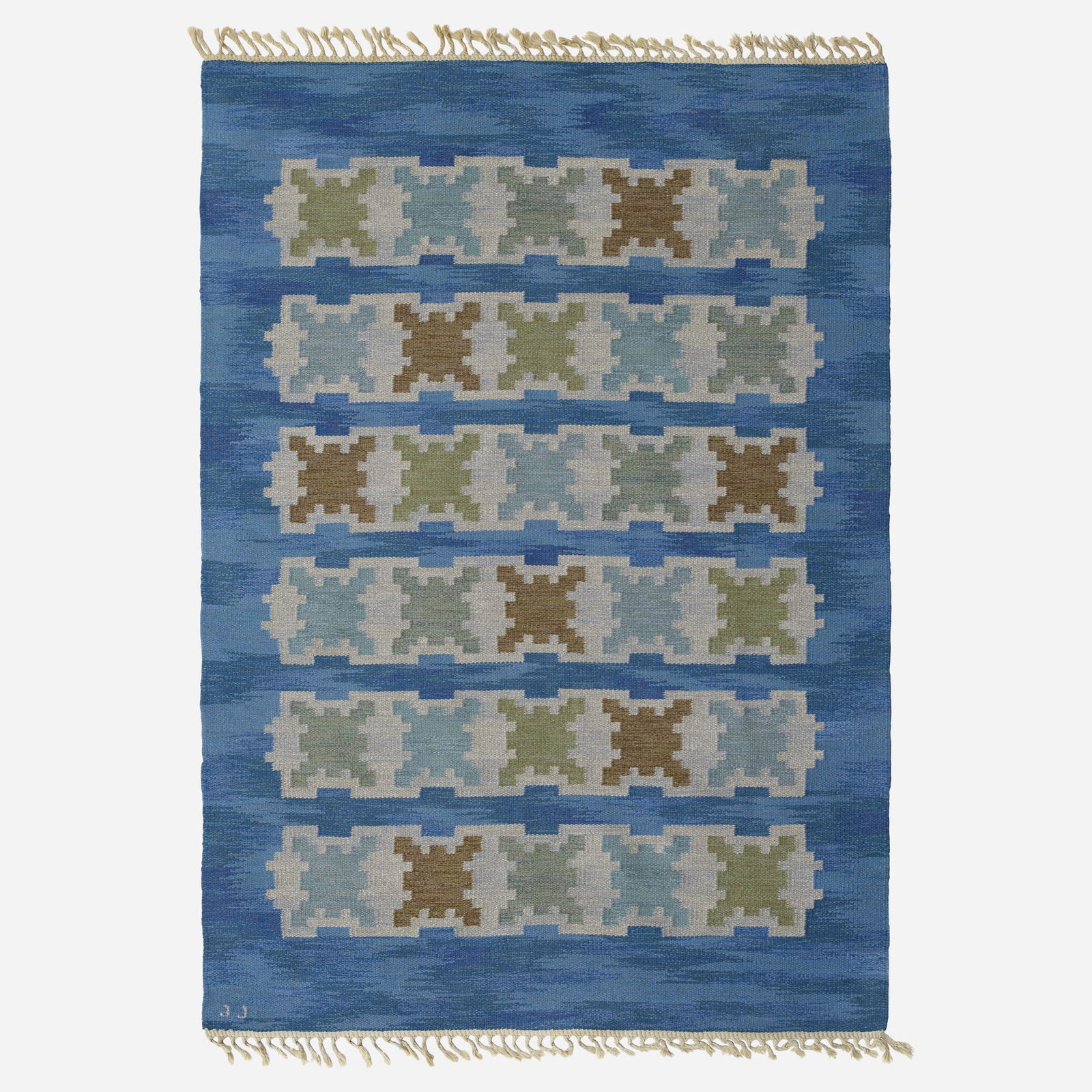 Judith Johansson, Flatweave carpet: Judith Johansson Flatweave carpet Sweden, c. 1960hand-woven wool 67 w × 96 l in (170 × 244 cm) Woven signature to edge 'JJ'. Provenance: Private Collection