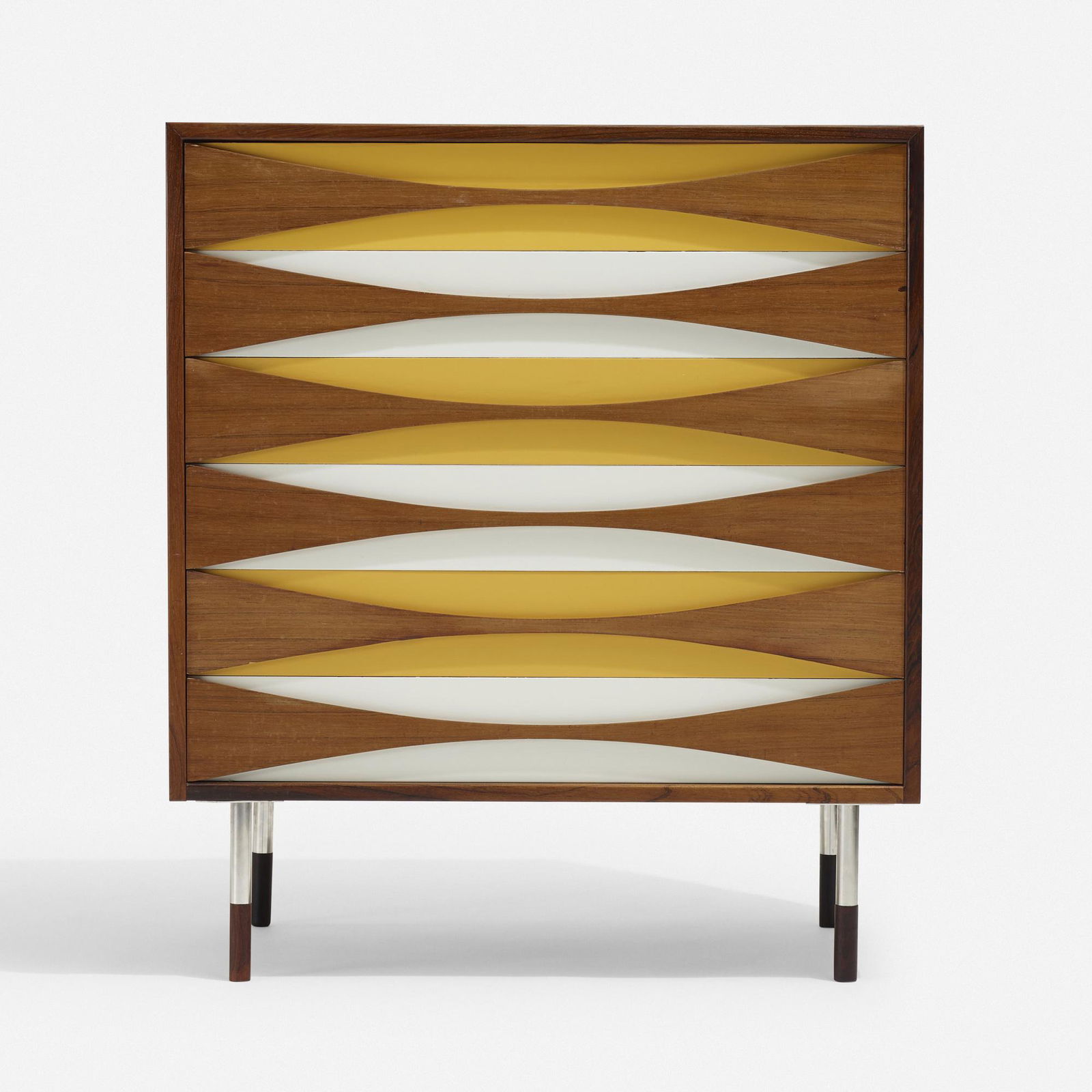 Arne Vodder, Cabinet: Arne Vodder Cabinet Sibast MoblerDenmark, c. 1960rosewood, lacquered wood, stainless steel 38 h × 33 w × 17.5 d in (97 × 84 × 44 cm) Cabinet features six drawers.