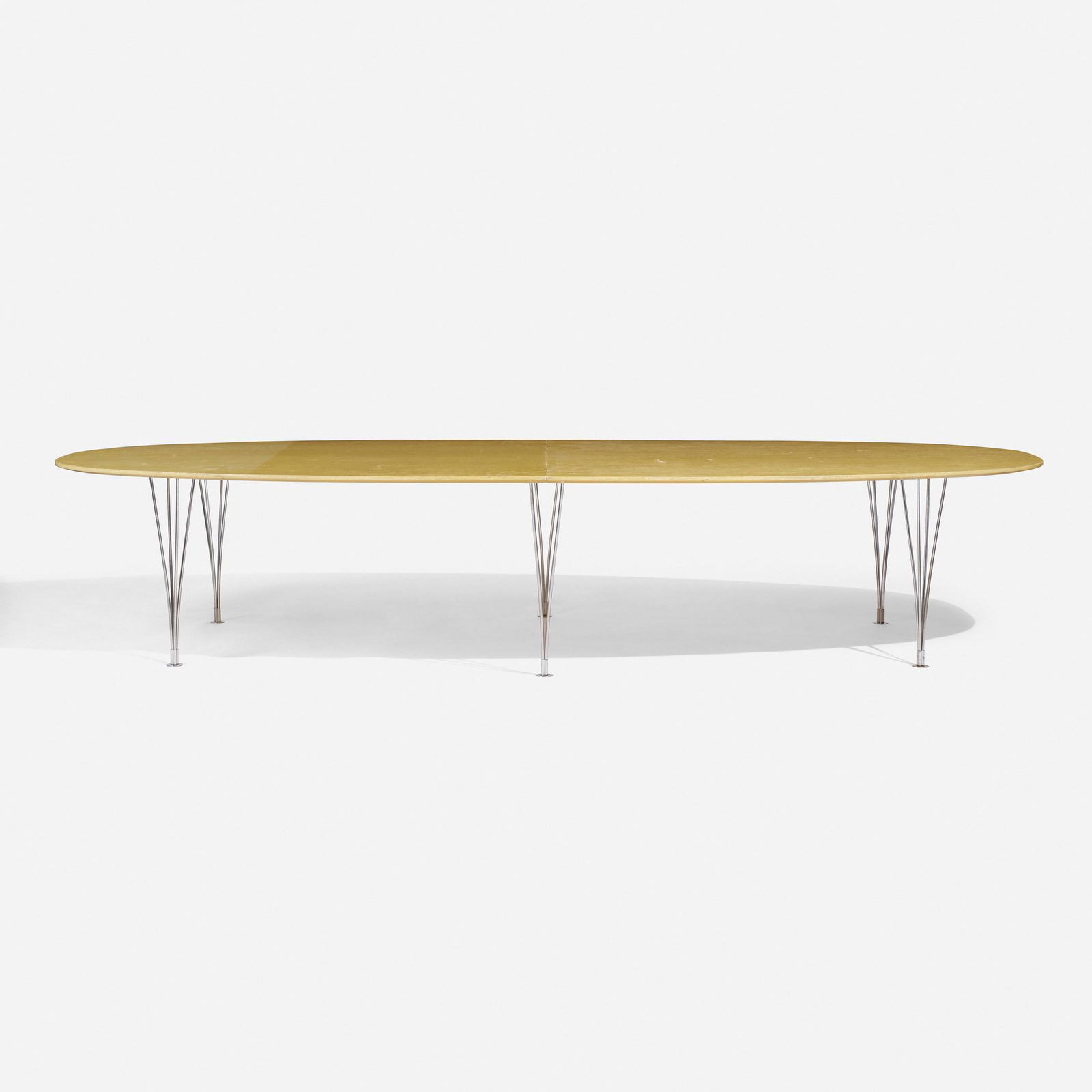 Jacobsen, Hein and Mathsson, Super Ellipse table: Arne Jacobsen, Piet Hein and Bruno Mathsson Super Ellipse dining table Bruno Mathsson InternationalDenmark / Sweden, 1986bird's-eye maple, chrome-plated steel 27.5 h × 108.25 w × 49