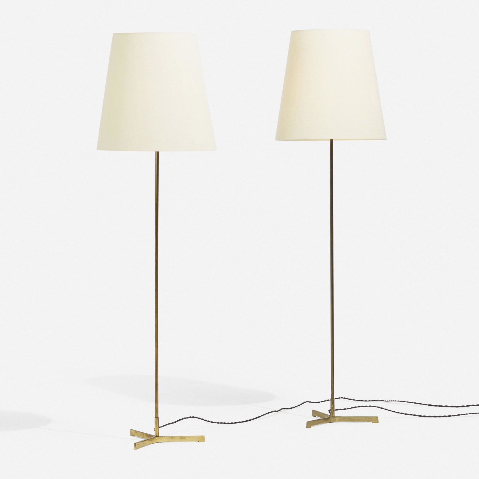 Jo Hammerborg, Floor lamps, pair: Jo Hammerborg Floor lamps, pair Fog & MorupDenmark, c. 1950brass, linen 50 h × 13.5 dia in (127 × 34 cm) Foil manufacturer's label to underside of one example 'Made in Denmar