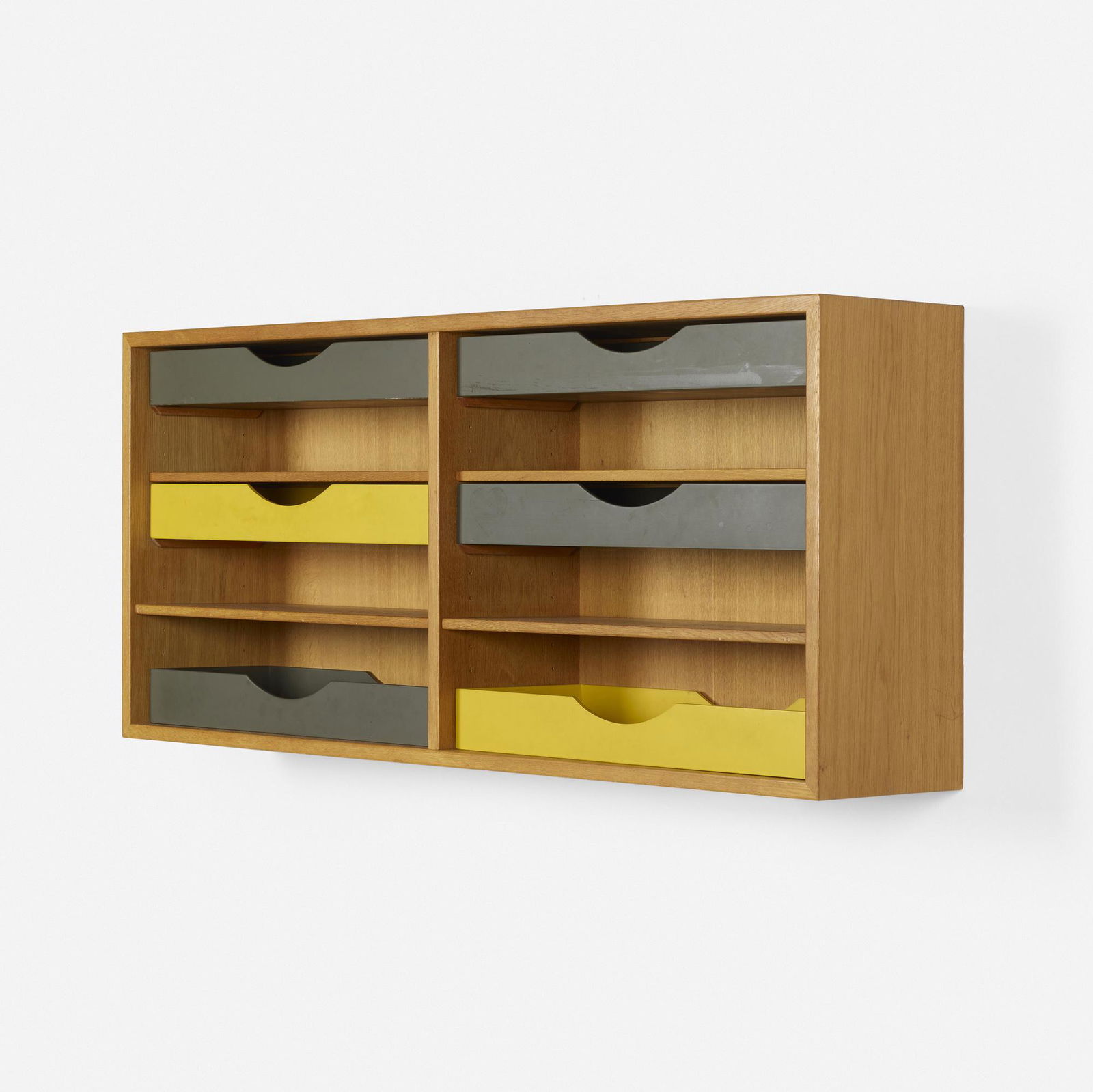 Borge Mogensen, Wall-mounted cabinet: Borge Mogensen Wall-mounted cabinet Karl Andersson & SonerDenmark / Sweden, c. 1955oak, lacquered wood 23 h × 53 w × 10 d in (58 × 135 × 25 cm) Cabinet features s