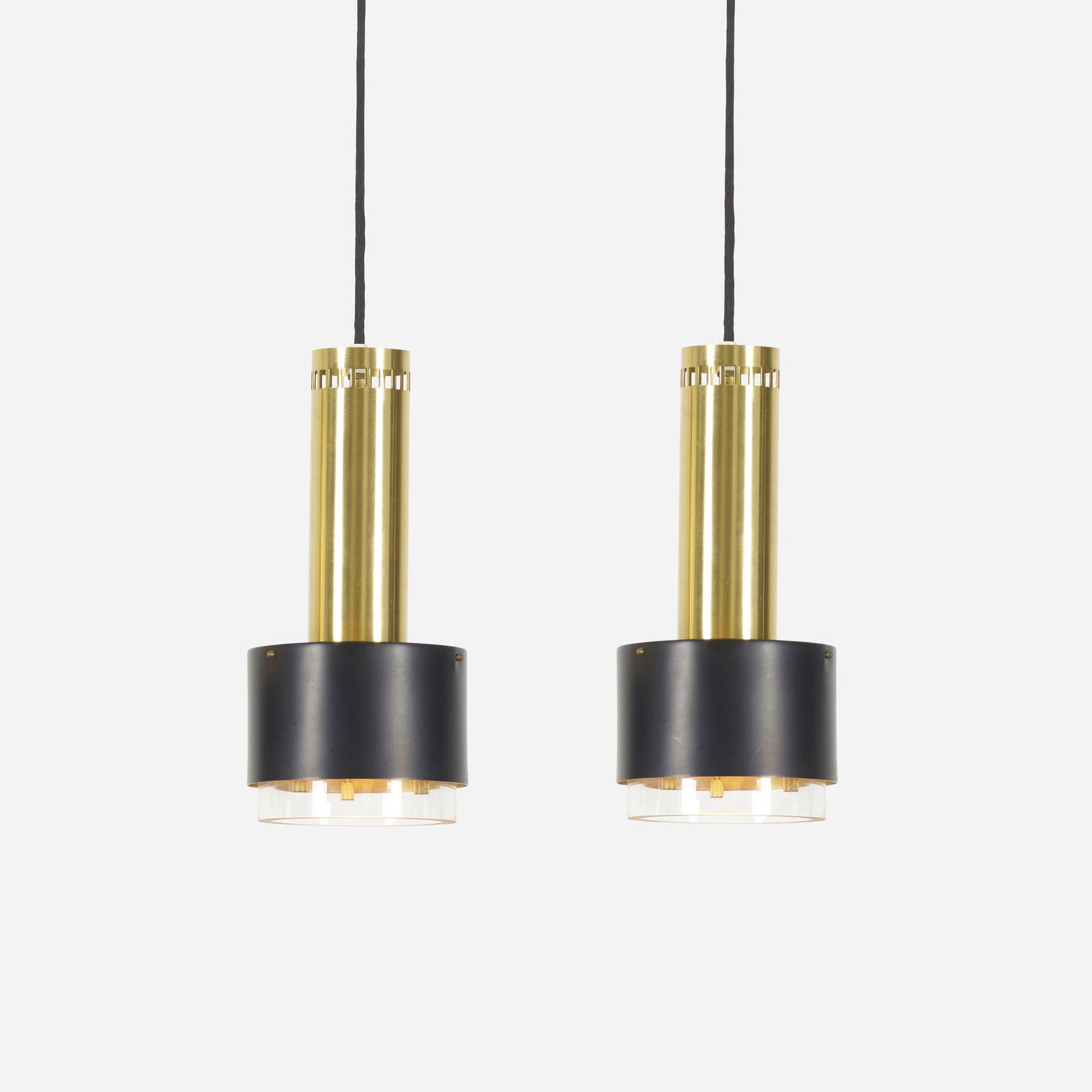 Kai Korbing, Pendant lamps, pair: Kai Korbing Pendant lamps, pair LyfaDenmark, c. 1960brass, glass, enameled brass 13 h × 6 dia in (33 × 15 cm) Paper manufacturer's label to each example 'Lyfa'. <