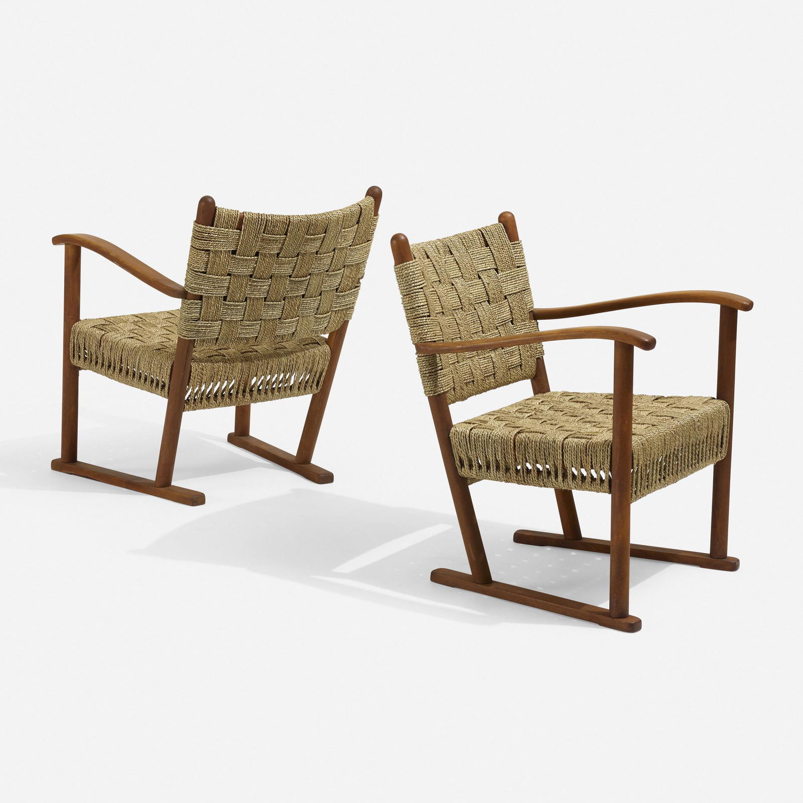 Frits Schlegel, Armchairs, pair: Frits Schlegel Armchairs, pair Fritz HansenDenmark, c. 1940beech, jute 30.75 h × 24.5 w × 28 d in (78 × 62 × 71 cm) This work will ship from Wright i