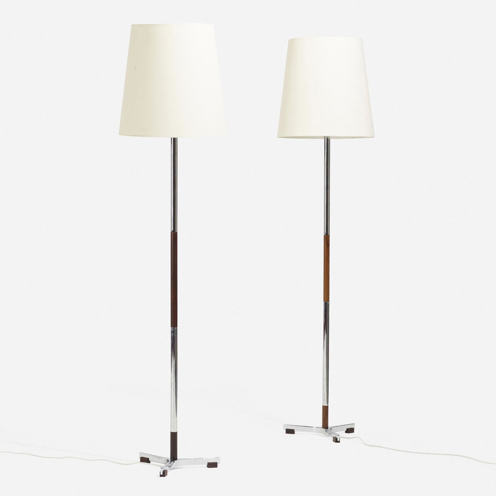 Jo Hammerborg, Floor lamps, pair: Jo Hammerborg Floor lamps, pair Fog & MorupDenmark, c. 1965chrome-plated steel, rosewood, linen 64.5 h × 16 dia in (164 × 41 cm) This work will ship from Wright