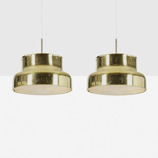 Anders Pehrson, Bumling pendant lamps, pair: Anders Pehrson Bumling pendant lamps, pair Atelje Lyktan Sweden, 1968 brass, plastic 14 h × 16 dia in (36 × 41 cm) Decal manufacturer's label to interior of one example '240P/400 Made