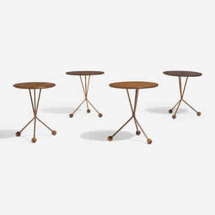 Albert Larsson, Occasional tables, set of four: Albert Larsson Occasional tables, set of four Alberts MobelSweden, 1952-53teak, copper largest: 17.5 h × 15.5 dia in (44 × 39 cm) smallest: 17.75 h × 14 dia in (45 ×