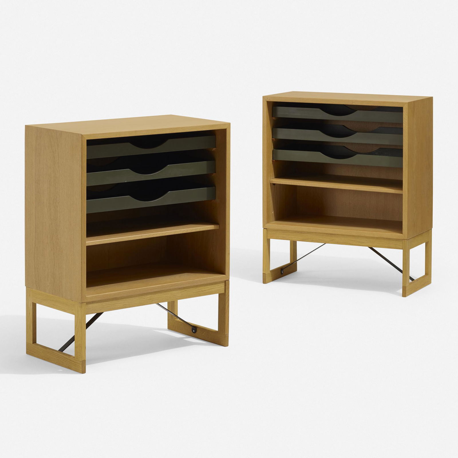 Borge Mogensen, Nightstands, pair: Borge Mogensen Nightstands, pair Karl Andersson & SonerDenmark / Sweden, c. 1955oak, lacquered wood, enameled steel 33 h × 27 w × 14 d in (84 × 69 × 36 cm) Each n