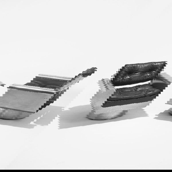 Jacques Charpentier lounge chairs, pair: Jacques Charpentier lounge chairs, pair France, c. 1970 stainless steel, leather, aluminum 34.5 w x 25.5 d x 25.5 h inches